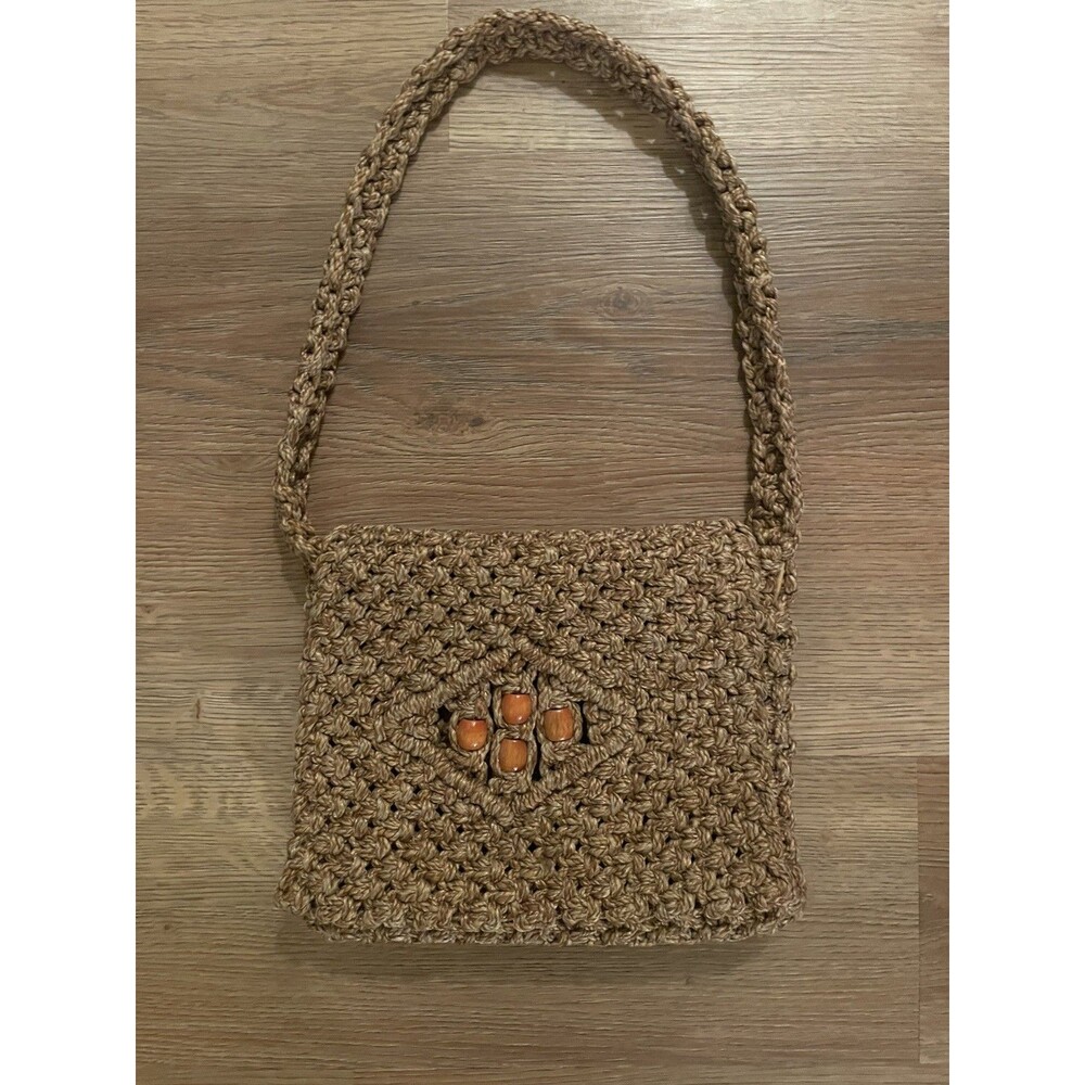 Vintage 1970's Macramé Handbag Brown w/ Wood Beads